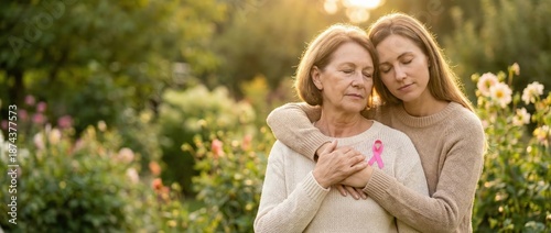 Senior woman with pink ribbon hug by daughter, support and hope in garden Breast cancer awareness, family love, and care