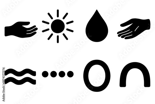 Warm Generosity Icons. Warm Generosity icon set in silhouette bold style. Contain giving hand silhouette, warm radiance ring, gentle droplet, calm gesture line,