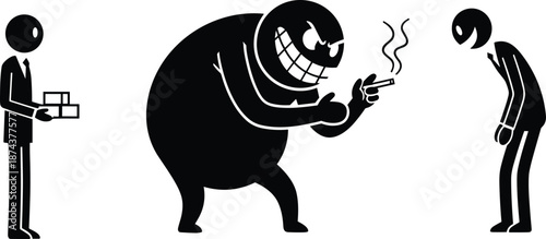 Cartoon criminal intimidation silhouette scene showing threat extortion bullying and fear concept with exaggerated characters isolated on white background illustration