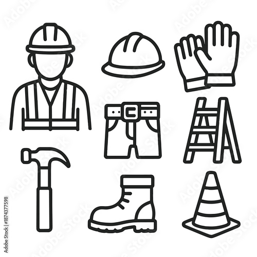 Construction Icon Set. Construction Worker set in outline vector style: hard hat, safety vest, work gloves, tool belt, ladder outline, hammer icon, safety boots, construction cone