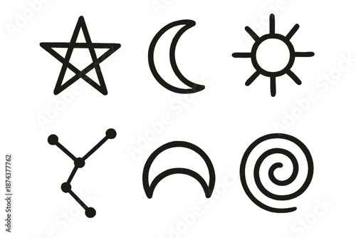 Celestial Runes Icons. Ancient Runes celestial set in outline vector style: star mark, moon crescent glyph, sun ring, constellation dots, eclipse arc, cosmic spiral