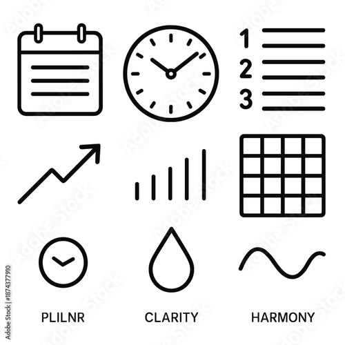 Organized Planner Icons. Balanced Schedule set in outline vector style: planner page, clock icon, priority list, time block grid, steady arrow, rhythm marks, clarity droplet, harmony curve
