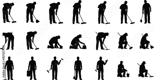 Construction worker silhouettes collection, laborer digging cleaning hammering poses with tools, manual work industry activity concept, black human figures, isolated vector, cad drawing flat vectorWeb
