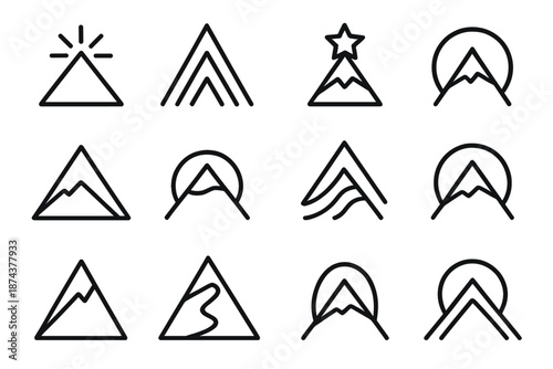 Icons of Ascension. Apex & Ascent set in outline vector style: pinnacle symbol, rising ray, topmost star, gradient lift, summit arc, bright crest, elevated mark