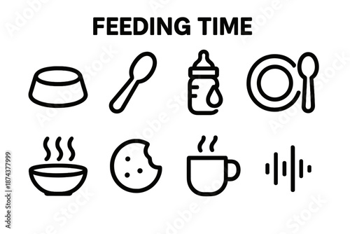 Feeding Icons Arrangement. Feeding Time set in outline vector style: bowl icon, spoon scoop, bottle droplet, plate set, warm meal steam, snack bite, cup sip, feeding rhythm marks