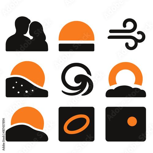 Lover's Outing Icons. Lover’s Outing Scenic Together icon set in silhouette bold style. Contain dual silhouette hint, horizon glow arc, ambient breeze swirl,