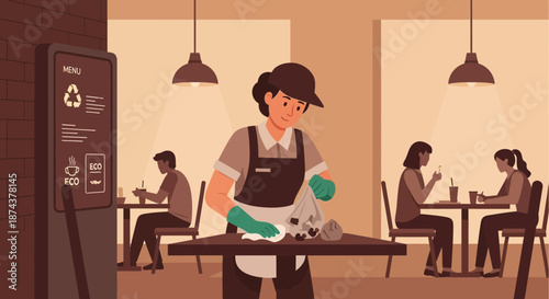 Restaurant worker cleaning table with customers in background.