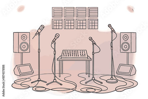 Recording Studio Outline. Soundstage set in outline vector style : recording studio setup, microphone stands, soft shadow bands, ambient haze, pastel background