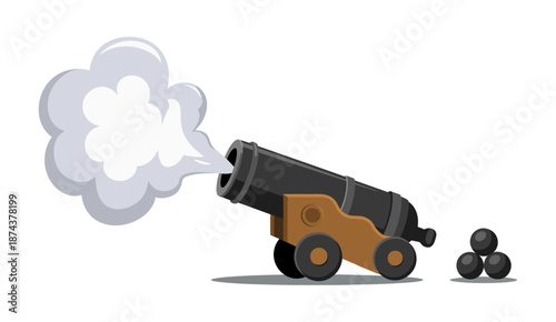 Classic black and brown cannon firing a shot with white smoke and cannonballs