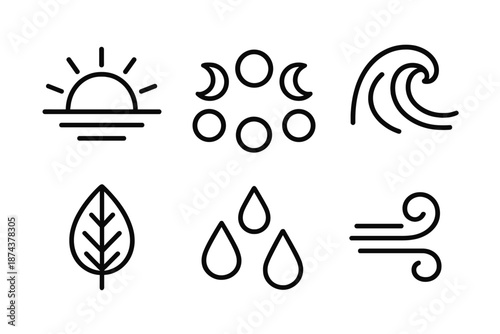 Nature Cycle Icons. Nature cycles set in outline vector style : sun arc, moon phases, tide wave, seasonal leaf, rainfall drop, wind swirl