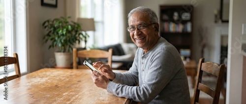 Senior Indian man smiling, using smartphone at wooden table in home Concept of technology, connection, and lifestyle