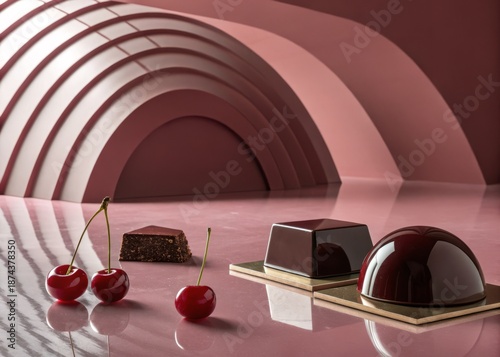 Minimalist luxury composition with glossy abstract forms, smooth geometry, and deep reflections in a single color palette