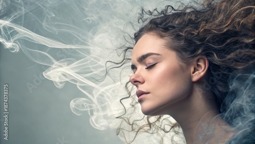 Abstract portrait of a person with hair dissolving into smoke and light, surrounded by soft gradients