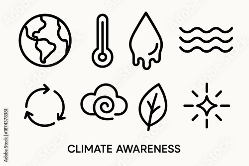 Climate Awareness Icons. Climate Awareness set in outline vector style: earth icon, temperature gauge, melting ice drop, rising sea line, renewable arrows, cloud swirl, green leaf, climate spark