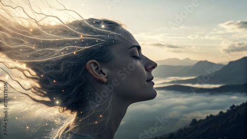 Surreal portrait of a calm human face with hair transforming into flowing light and mist, creating a peaceful emotional scene