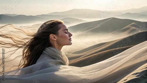 Human face emerging from an abstract landscape made of skin-like surfaces and fabric waves, surrounded by soft fog and warm light