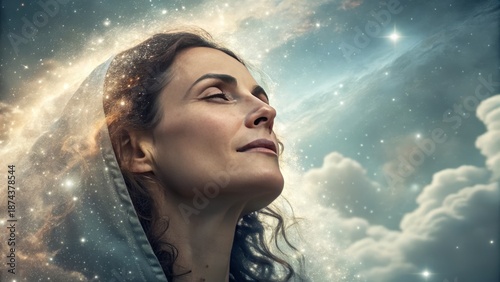 Centered portrait of a person surrounded by an abstract universe of clouds, particles, and flowing energy