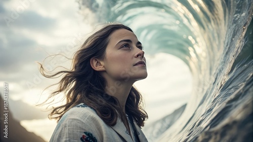 Woman’s face centered in a surreal abstract landscape, with fluid shapes and light reacting around her presence