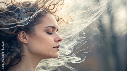 Abstract emotional portrait where the hair dissolves into smoke and light, while the face remains calm and neutral