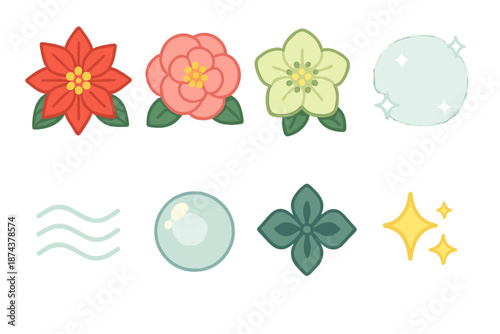 Winter Bloom Icons. Winter Blooms set in isometric flat vector : poinsettia, camellia, hellebore, soft glow puff, gentle ripple line, reflective bead, floral motif, subtle shimmer