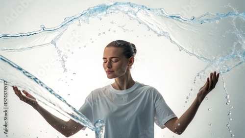 Person making subtle hand gestures while water and soft light forms smoothly respond around them