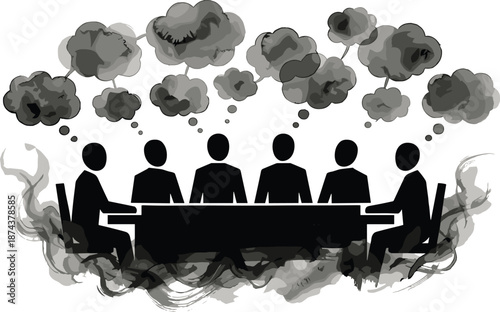 Dark corporate meeting illustration showing stressed team with negative thoughts, conflict atmosphere, toxic workplace concept, anxiety, burnout, leadership challenges