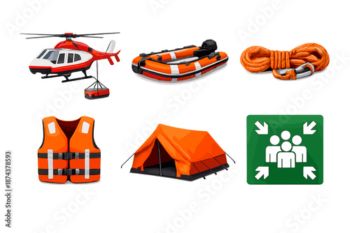 Rescue Equipment Icons. Rescue and evacuation: rescue helicopter, lifeboat, safety rope, life jacket, emergency tent, assembly point marker