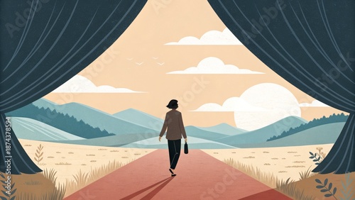Minimalist surreal scene of a person walking forward as the space ahead opens and unfolds like light or fabric