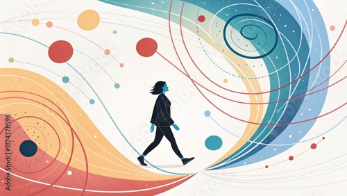 Abstract portrait of a person at the center of a flowing environment, with elements gently orbiting around them