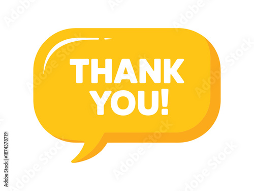 Bright yellow speech bubble displaying the words thank you in white