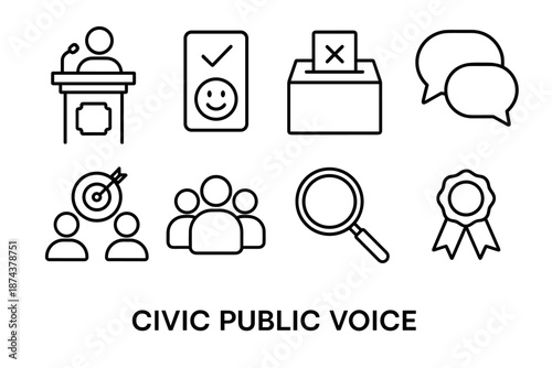 Civic Engagement Icons. Civic Public Voice set in outline vector style: town hall podium, feedback card, ballot box, discussion bubble, shared goal icon, crowd silhouette, clarity lens, civic ribbon
