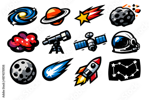 Brutalist Space Icons. Osmic Wonders icon set in silhouette bold style. Contain spiral galaxy, planet ring, shooting star, asteroid, nebula cloud, telescope,