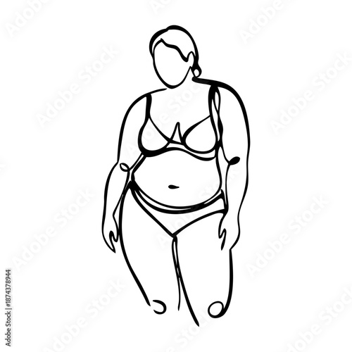 Dibujo sencillo con líneas de mujer con traje de baño o ropa interior con sobrepeso de pie