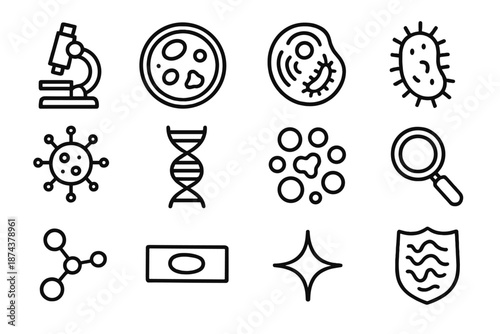 Microscopic Icon Collection. Microscopic World set in outline vector style: microscope icon, petri dish, cell structure, bacteria silhouette, virus shape, DNA