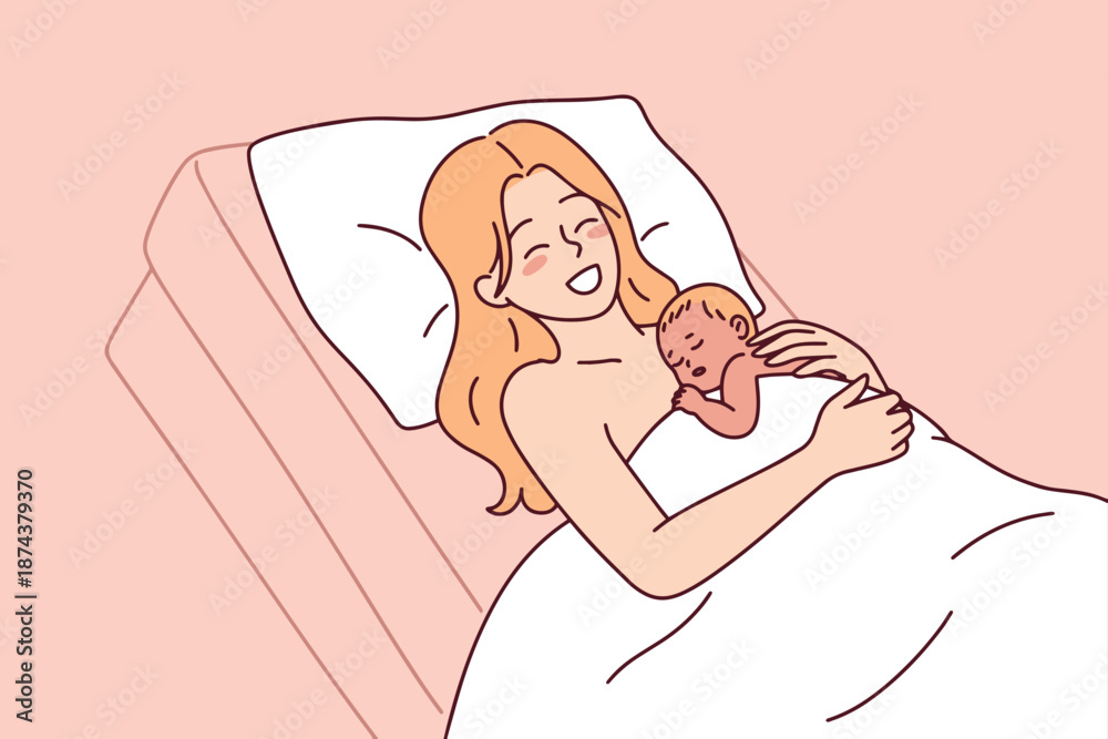 Fototapeta premium Smiling woman lies in a hospital bed with her newborn baby resting on her chest. Concept of skin-to-skin bonding and the golden hour immediately after a successful delivery in a clinic.