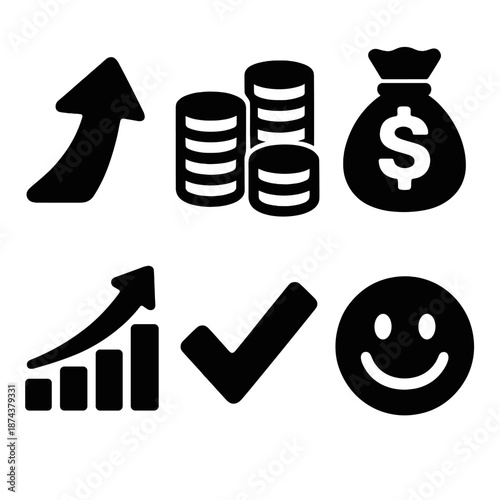 Bold Business Icons. Business profit icon set in silhouette bold style. Contain upward arrow, stacked coins, money bag, bar chart growth, check mark, smiling face