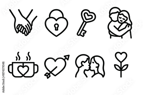 Symbols of Love. Valentine’s Day Affection set in outline vector style: holding hands, heart lock, key of love, warm hug icon, shared cup, heart arrow, gentle kiss symbol, tender blossom