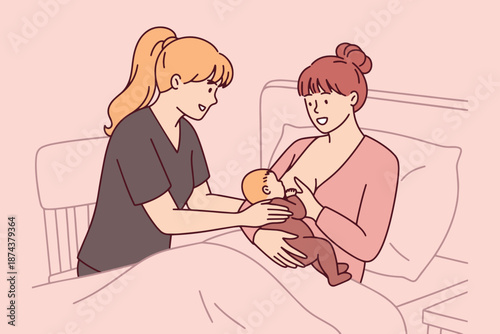 Professional midwife or nurse helps a new mother learn the correct breastfeeding position for her baby girl. Education and support for lactation and infant care in the maternity ward.