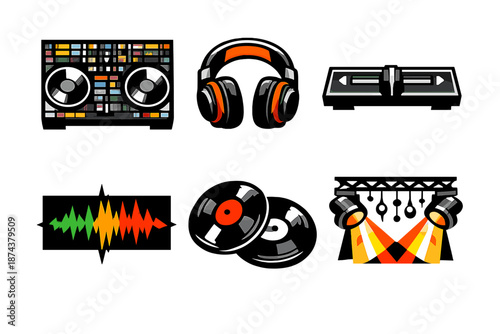Bold DJ Icon Set. DJ groove icon set in silhouette bold style. Contain mixer console, headphones, crossfader, beat waveform, vinyl discs, party lights