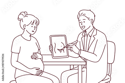 Medical doctor uses a digital tablet to explain a cesarean delivery procedure to a surprised pregnant patient. Line art illustration of a prenatal consultation and surgical preparation.