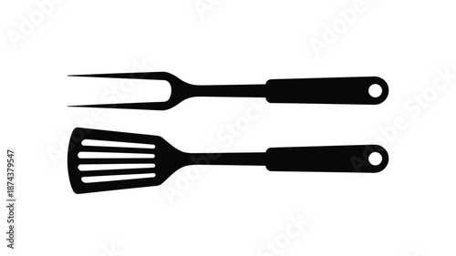 Simple black and white illustration of a grilling fork and spatula set