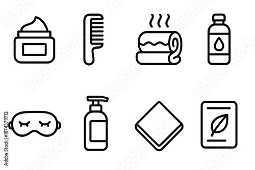 Personal Care Icons. Personal Care Essentials set in outline vector style: skincare jar, comb icon, warm towel, hydration bottle, rest mask, soothing lotion, clean cloth, wellness note