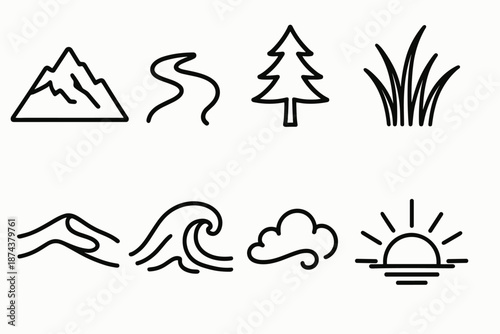 Nature Icon Silhouettes. Natural Earth Elements set in outline vector style: mountain silhouette, river bend, forest tree, meadow grass, desert dune, ocean wave, cloud wisp, sunrise ray