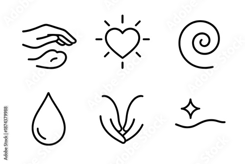 Symbolic Connection Icons. Tender Sentiment set in outline vector style : soft touch gesture, warm aura, reflective heart, comforting swirl, gentle droplet, mutual curve, linked spark, calm line