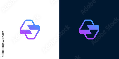 Abstract Hexagonal Logo Design with Gradient Colors on White and Dark Backgrounds