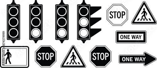 Traffic lights, road signs, stop signs, pedestrian crossing symbols, one way signs, transportation safety icons, black and white vector set for driving instruction materials