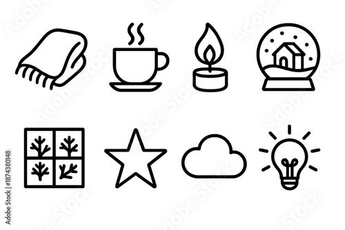 Cozy Holiday Icons. Holiday Spirit Cozy Moments set in outline vector style: soft blanket, warm drink cup, gentle flame, snow globe, window frost, peaceful star, comfort cloud, glowing light