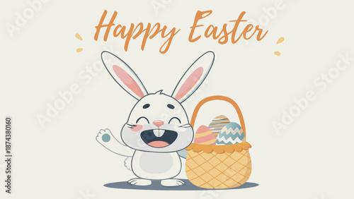 Cute Easter bunny waving with colorful eggs in basket