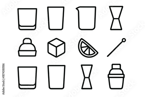 Bar Glassware Icons. Bar glassware elements set in outline vector style : rocks glass, highball shape, mixing beaker, jigger silhouette, shaker top, ice cube form, citrus wedge, stir stick