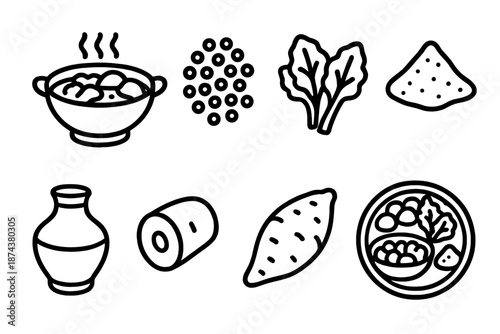 African Cuisine Icons. African Heritage Cuisine set in outline vector style: shared stew bowl, millet grains, leafy greens, spice blend mound, clay pot, cassava